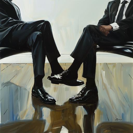two businessmen, face to face, sit down, wear long black dressed socks, black oxford shoes, in the office, gay couple, flirting, conceptual art --v 6.0 --ar 1:1