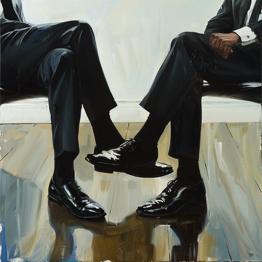 two businessmen, face to face, sit down, wear long black dressed socks, black oxford shoes, in the office, gay couple, flirting, conceptual art --v 6.0