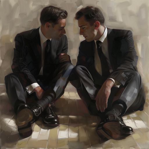 two businessmen, face to face, sit down, wear long black dressed socks, black oxford shoes, in the office, gay couple, flirting, conceptual art --v 6.0