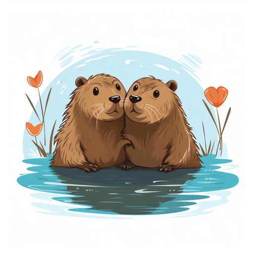 two cartoon beavers swimming with a white background and a heart in between them