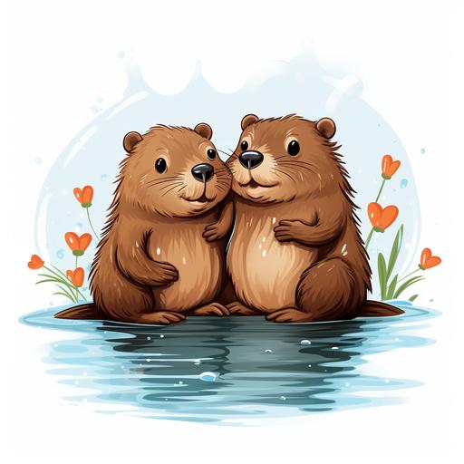 two cartoon beavers swimming with a white background and a heart in between them