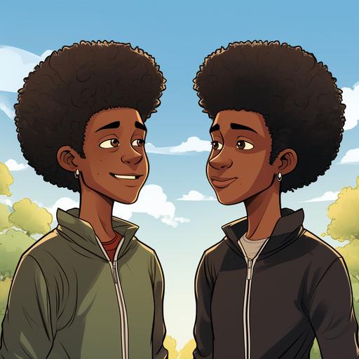 two cartoon black teenage twin boys one twin with an afro and the other twin with short hair looking at each other