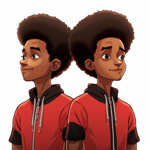 two cartoon black teenage twin boys one twin with an afro and the other twin with short hair looking at each other