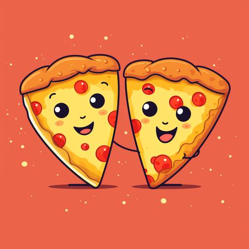 two cartoon style pizza slices staring at each other in love. One has pepperoni and cheese. The other has cheese only, no pepperoni