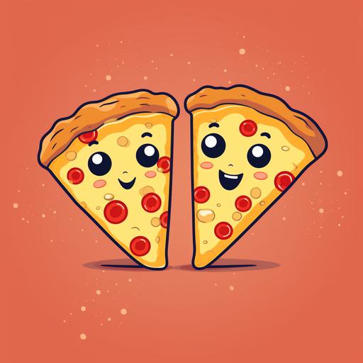 two cartoon style pizza slices staring at each other in love. One has pepperoni and cheese. The other has cheese only, no pepperoni
