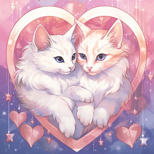 two cats cuddling in a heart shape in a bed, 90s anime style, with sparkles