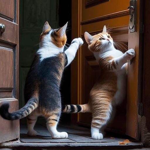 two cats scratching at a door