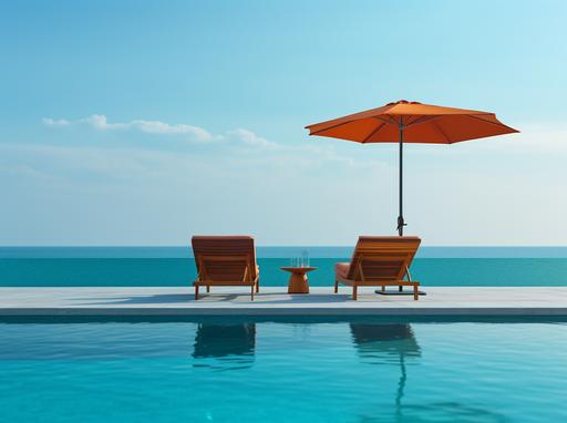 two chairs with white umbrella standing by a pool in the background, in the style of 32k uhd, serene oceanic vistas, tadao ando, dark amber and sky-blue, thai art, wood, modern design --ar 39:29