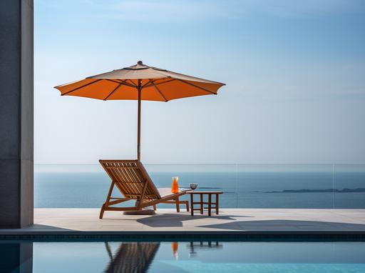 two chairs with white umbrella standing by a pool in the background, in the style of 32k uhd, serene oceanic vistas, tadao ando, dark amber and sky-blue, thai art, wood, modern design --ar 39:29