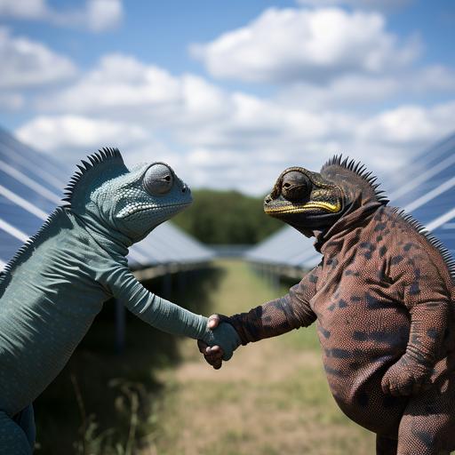 two chameleon shaking hands cordially in fron of a large solar pv farm in the belgian countryside