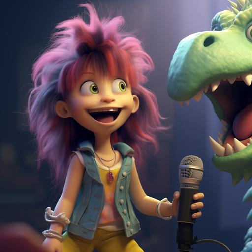 two characters are in the image, a woman girl character wears a pink tutu and has gapped teeth ,the dinosaur has a green nose, blue skin, yellow stomach, redish orange fluffy and fuzzy hair mohawk, the dinosaur has rounded pointy teeth as it roars into the microphone.