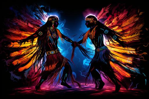 two characters in the dark are dancing at the same time, in the style of colorful fluorescent fantasy realism, idealized native Americans, mixed media marvel, cross-processing/processed, stencil-based, detailed feather rendering, emphasis on character design --ar 3:2 --v 5.2