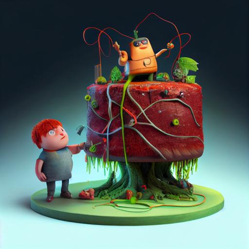 two characters, the organic strange trippy birthday cake with a bio-energy plant inside and a smart big very fat mature boy dressed in a t-shirt spilled by red juice, the cake and the boy are connected together by organic wires, the energy flows by wires to the boy, photorealistic   intricate details   ultra high definition   super-resolution, --v 4 --upbeta