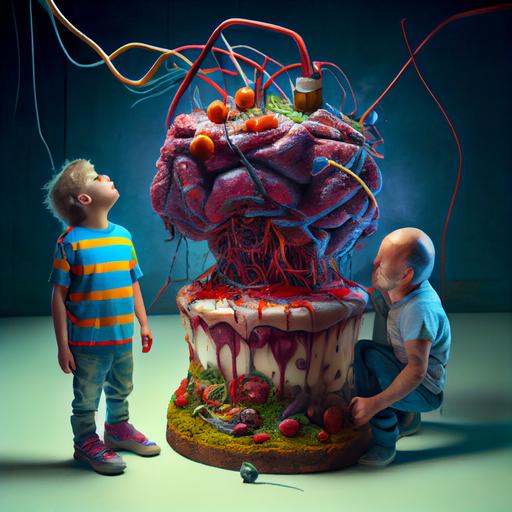 two characters, the organic strange trippy birthday cake with a bio-energy plant inside and a smart big very fat mature boy dressed in a t-shirt spilled by red juice, the cake and the boy are connected together by organic wires, the energy flows by wires to the boy, photorealistic   intricate details   ultra high definition   super-resolution, --v 4 --upbeta