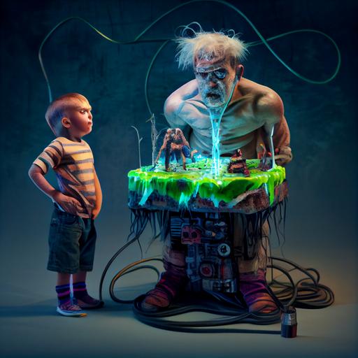 two characters, the organic strange trippy birthday cake with a bio-energy plant inside and a smart big very fat mature boy dressed in a t-shirt spilled by red juice, the cake and the boy are connected together by organic wires, the energy flows by wires to the boy, photorealistic   intricate details   ultra high definition   super-resolution, --v 4 --upbeta