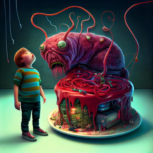 two characters, the organic strange trippy birthday cake with a bio-energy plant inside and a smart big very fat mature boy dressed in a t-shirt spilled by red juice, the cake and the boy are connected together by organic wires, the energy flows by wires to the boy, photorealistic   intricate details   ultra high definition   super-resolution, --v 4 --upbeta