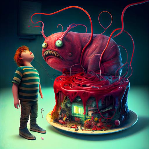 two characters, the organic strange trippy birthday cake with a bio-energy plant inside and a smart big very fat mature boy dressed in a t-shirt spilled by red juice, the cake and the boy are connected together by organic wires, the energy flows by wires to the boy, photorealistic   intricate details   ultra high definition   super-resolution, --v 4 --upbeta