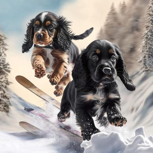 two cocker spaniel puppies running down a snowcapped mountain, a black one jumping a piles of logs, whilst the other sable colored dog rides down on skis