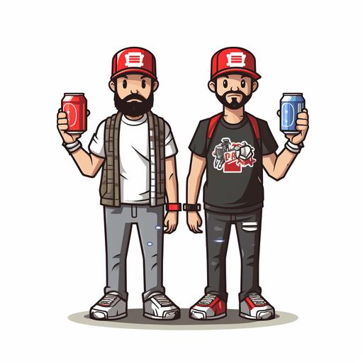 two confused guys standing next to each other with beer cans in their hands 8 bit graphics nintencore red white grey black