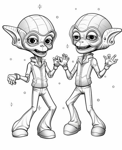 two dancing aliens, coloring page for kids, cartoon style, crisp lines, black and white, no shading, thick lines, low detail, --ar 9:11