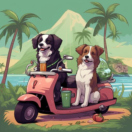 two dogs are sitting in a scooter drinking milk bubble tea, with palm trees and perfect green cone volcano in the background, cartoon retro style