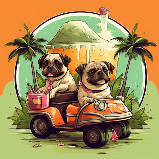 two dogs are sitting in a scooter drinking milk bubble tea, with palm trees and perfect green cone volcano in the background, cartoon retro style