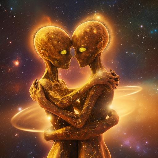 two etheric soulmate aliens embracing in a hug, committing to their love and fighting for their love with a nebula and orbiting planets in the background. The Aliens heart chakras are glowing with golden light energy knowing that love will always win
