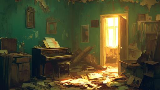 two explorers opened the door to the room and entered a dilapidated room that hadn't been cleaned in over a decade and was dusty and cluttered, with a grand piano in the corner and a journal on the floor, high details, best quality, 16k --aspect 16:9 --niji 6
