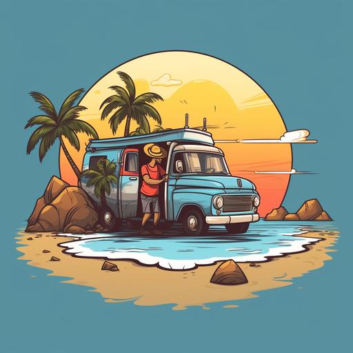 two fishermen hugging, there are two trucks behind them. they are at a beach. cartoon style for logo for t-shirt