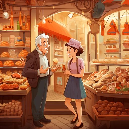 two french people having a conversation in a typical french shop buying food cartoon style