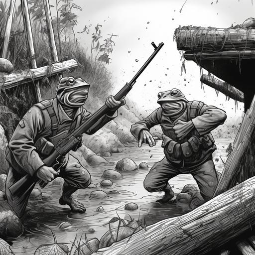 two frog soldiers with german ww2 uniforms fighting with frog soldier with french ww2 uniform, inside war trench with barbed wires, wooden and muddy walls, black and white comics strip no text