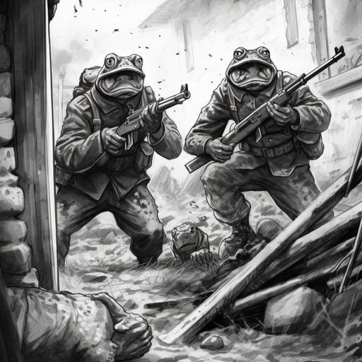 two frog soldiers with german ww2 uniforms fighting with frog soldier with french ww2 uniform, inside war trench with barbed wires, wooden and muddy walls, black and white comics strip no text
