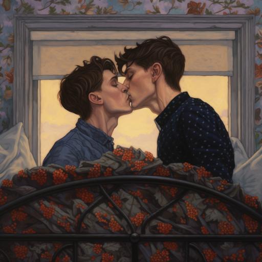 two gay men kissing in bed