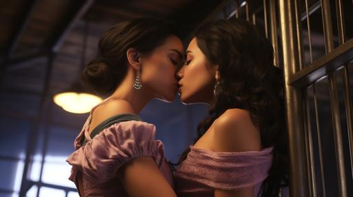 two girls in romance, aubrey plaza kissing jenna ortega, hot passionate kiss, romance scene, a vaudeville play in a vaudeville stage --ar 16:9 --v 5.2