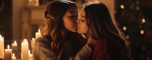 two girls in romance, aubrey plaza kissing jenna ortega, hot passionate kiss, wearing ugly sweaters, romance scene, candles, romantic environment, lying down, fireplace, --ar 20:8 --v 5.2