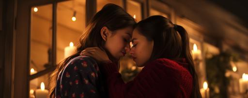 two girls in romance, aubrey plaza kissing jenna ortega, hot passionate kiss, wearing ugly sweaters, romance scene, candles, romantic environment, lying down, fireplace, --ar 20:8 --v 5.2