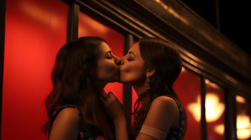 two girls in romance, aubrey plaza kissing jenna ortega, hot passionate kiss, romance scene, a vaudeville play in a vaudeville stage --ar 16:9 --v 5.2