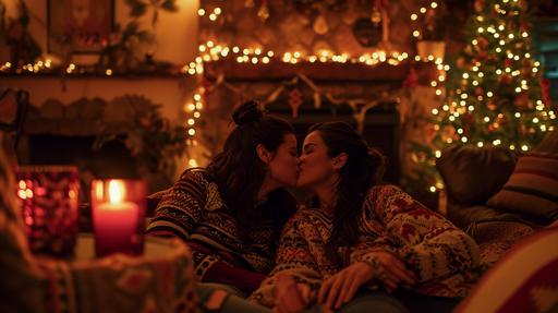 two girls in romance, aubrey plaza kissing jenna ortega, hot passionate kiss, wearing ugly sweaters, romance scene, candles, romantic environment, lying down, fireplace, celebrating 