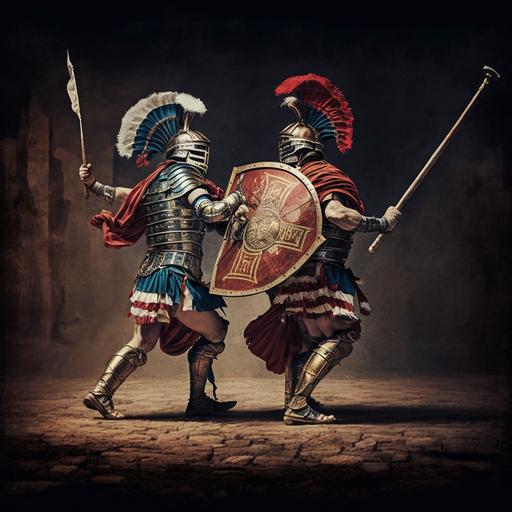 two gladiators, pushing each other with magnets , in ancient Rome, Colleseum, Turkish flag as a badge on their arms, electromagnetic field visible, high quality, audience wave Turkish flag in backround,detailed,
