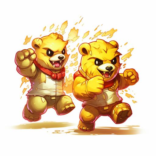 two gold leaf animated bear characters, spaced, splatterhuose style, detailed pixel art, gameboy color graphism, pokemon battle style, white background The scene will be edited to enhance the realism and drama of the scene, with attention paid to the lighting, contrast, and color grading. Special attention will be given to the face and red-eye's with post-production techniques used to create the illusion of depth and motion animation-style-illustration