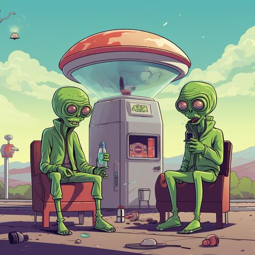two green Aliens outside a gas station smoking and drinking liquor. UFO spaceship parked up. Pop punk vibe, blink 182 style. Recess cartoon