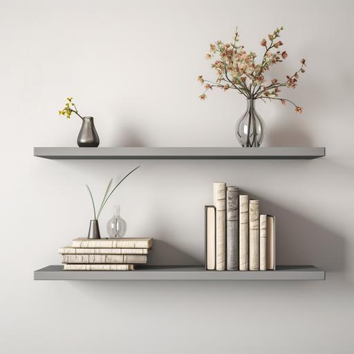 two grey short straight very thin shelves on a light wall with flowers and books, realistic photo