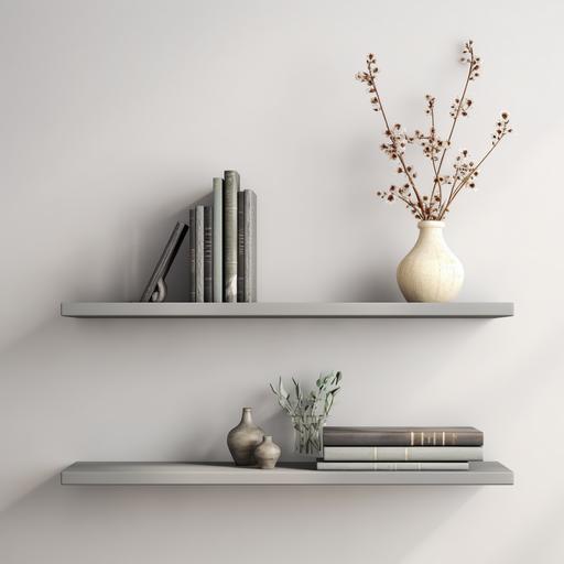two grey short straight very thin shelves on a light wall with flowers and books, realistic photo