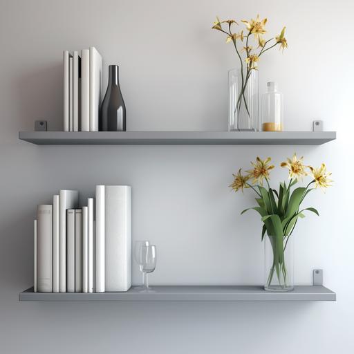 two grey short straight very thin shelves on a light wall with flowers and books in the kitchen, realistic photo