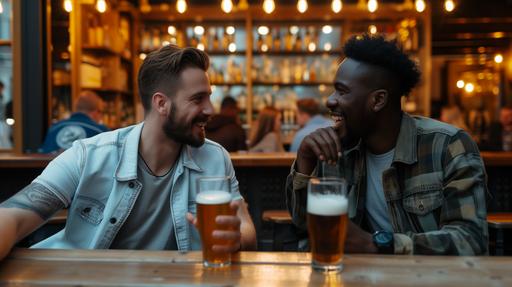 two guys of different ethnicities are out for a drink in a modern looking bar, sitting at a table inside, both have a beer in front of em, realistic photo --style raw --v 6.0 --ar 16:9