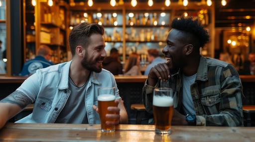 two guys of different ethnicities are out for a drink in a modern looking bar, sitting at a table inside, both have a beer in front of em, realistic photo --style raw --v 6.0 --ar 16:9