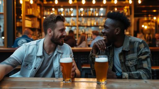 two guys of different ethnicities are out for a drink in a modern looking bar, sitting at a table inside, both have a beer in front of em, realistic photo --style raw --v 6.0 --ar 16:9