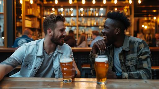 two guys of different ethnicities are out for a drink in a modern looking bar, sitting at a table inside, both have a beer in front of em, realistic photo --ar 16:9 --style raw --v 6.0