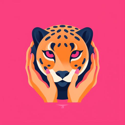 two hands holding a jaguars head, simple logo, flat logo, orange and pink