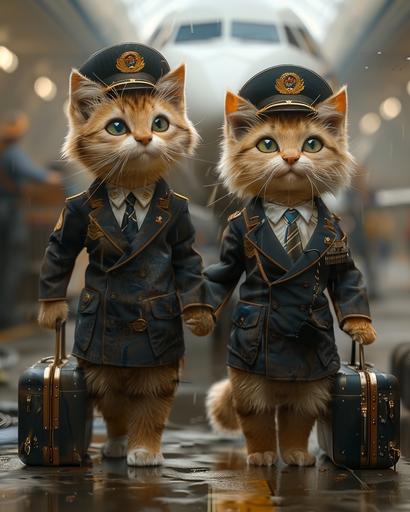 two handsome cute male cat pilots standing on an airport tarmac, dressed in black business suits and white shirts, blue pilot hats, carrying black pilot luggage, behind them is an airplane, with the logo of China Southern Airlines visible. in the style of disney animation, --ar 4:5 --stylize 750 --v 6.0